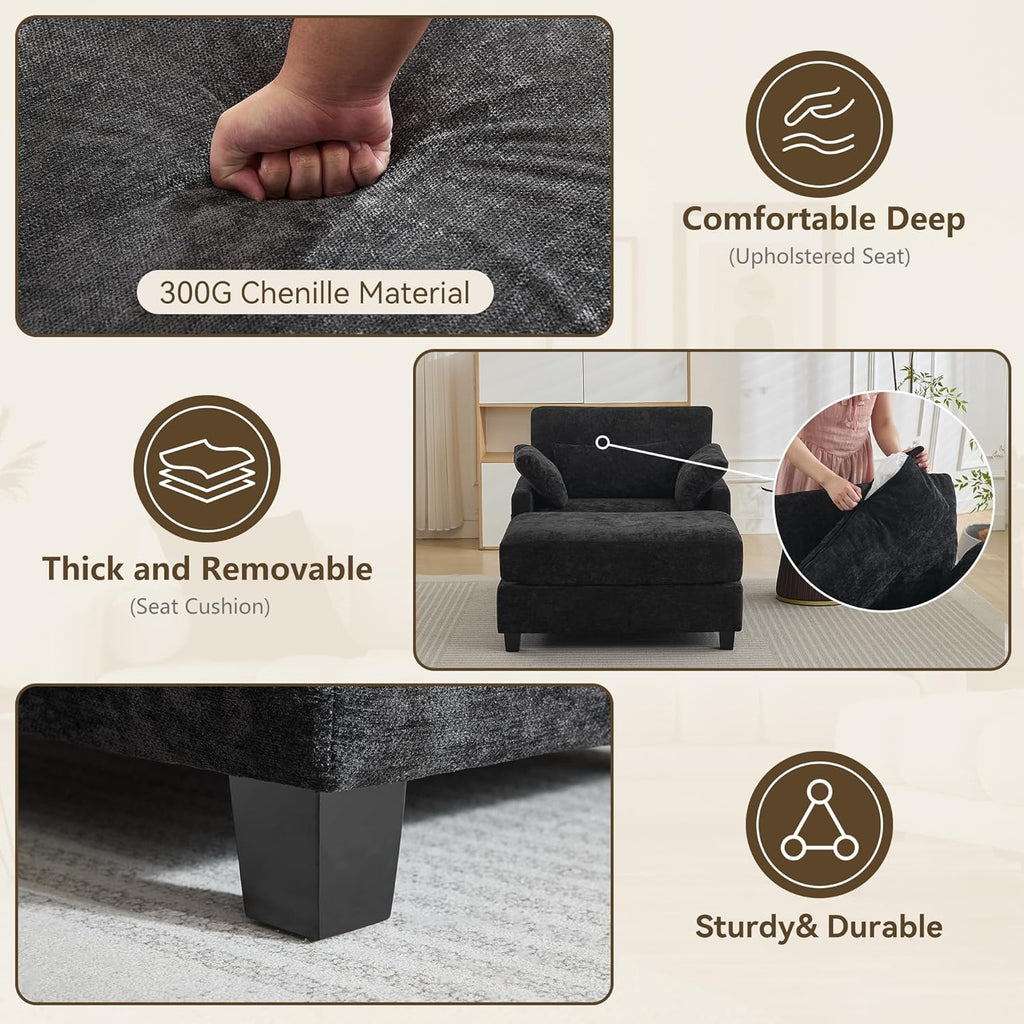 57.5" Oversized Chenille Chair with Movable Ottoman, Black Deep Seat Comfy Upholstered Chaise Lounge Reading Accent Armchair with Side Pocket, Single Sleeper Sofa for Living Room Bedroom Small Space