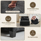 57.5" Oversized Chenille Chair with Movable Ottoman, Black Deep Seat Comfy Upholstered Chaise Lounge Reading Accent Armchair with Side Pocket, Single Sleeper Sofa for Living Room Bedroom Small Space