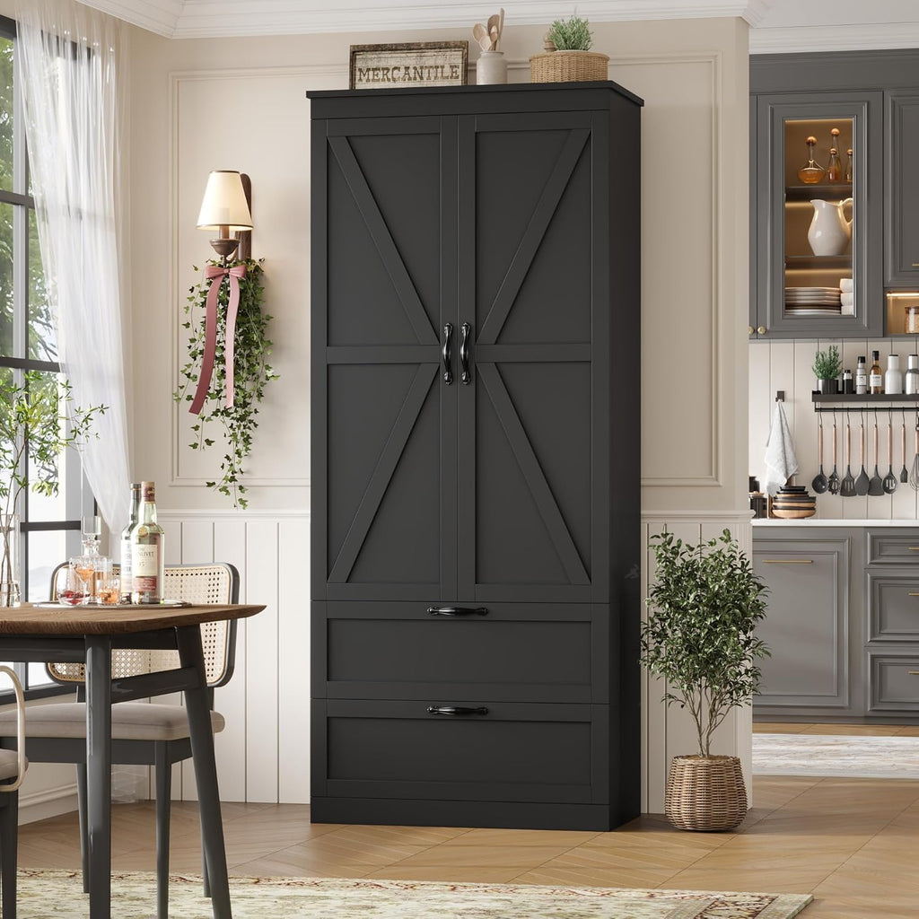 HOSTACK 70" Tall Kitchen Pantry Storage, Barn Doors Pantry Cabinet with Drawers and Adjustable Shelf, Modern Farmhouse Storage Cabinet for Kitchen, Dining Room, Living Room, Bathroom, Black