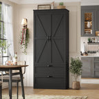 HOSTACK 70" Tall Kitchen Pantry Storage, Barn Doors Pantry Cabinet with Drawers and Adjustable Shelf, Modern Farmhouse Storage Cabinet for Kitchen, Dining Room, Living Room, Bathroom, Black