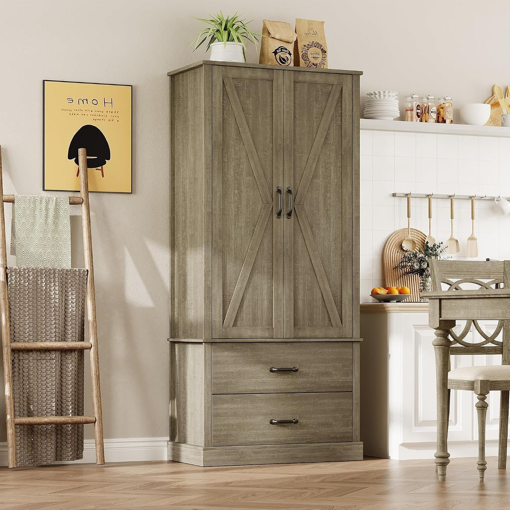 IDEALHOUSE Kitchen Pantry Cabinet, Freestanding Tall Hutch with Barn Doors, Drawer and 2 Adjustable Shelves for Dining Room, Kitchen, Grey
