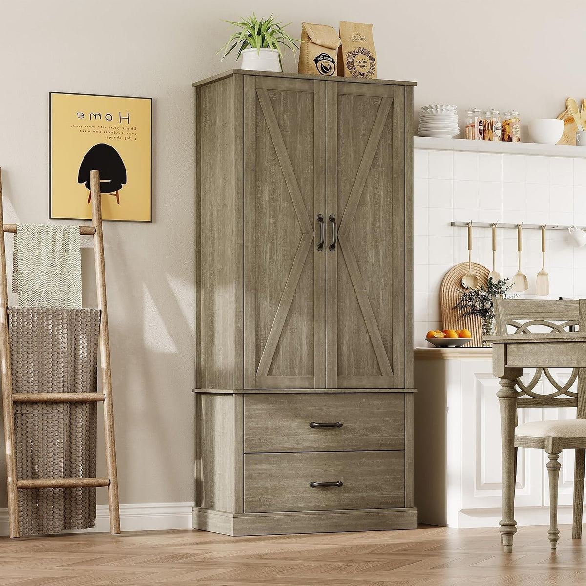IDEALHOUSE Kitchen Pantry Cabinet, Freestanding Tall Hutch with Barn Doors, Drawer and 2 Adjustable Shelves for Dining Room, Kitchen, Grey