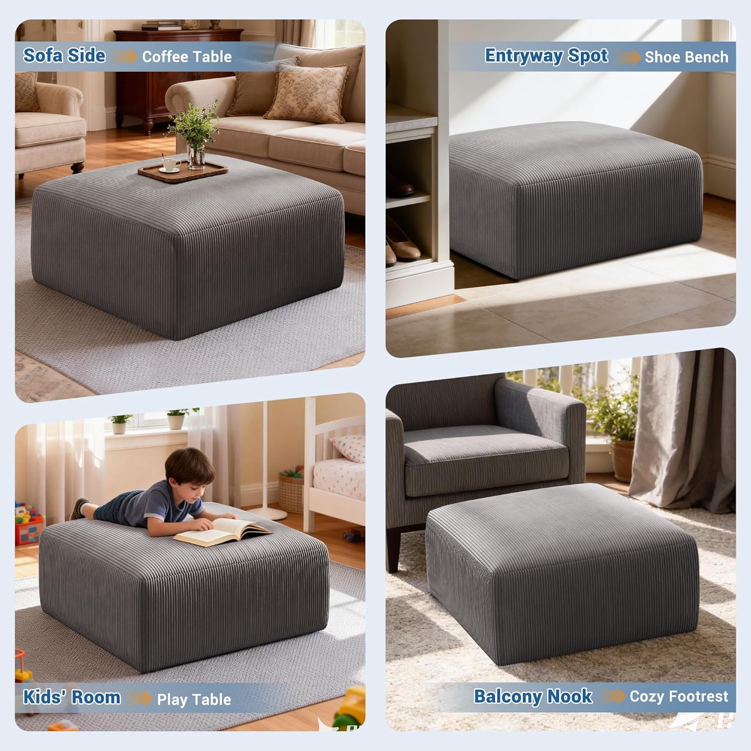 40" Oversized Square Corduroy Ottoman, Large Ottoman Pouf Footstool, Grey | Poofy Soft Foot Rest, Movable Pouf Ottoman, Floor Ottoman, Foam Chunk Filling, Living Room Sofa Couch Bedroom, 1 Piece