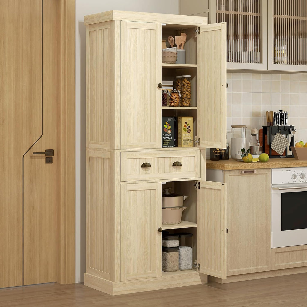 72" Farmhouse Kitchen Pantry Cabinet, Freestanding Tall Storage Cabinet with 4 Soft-Close Doors, 2 Adjustable Shelves and Drawer for Dining Room, Natural Wood