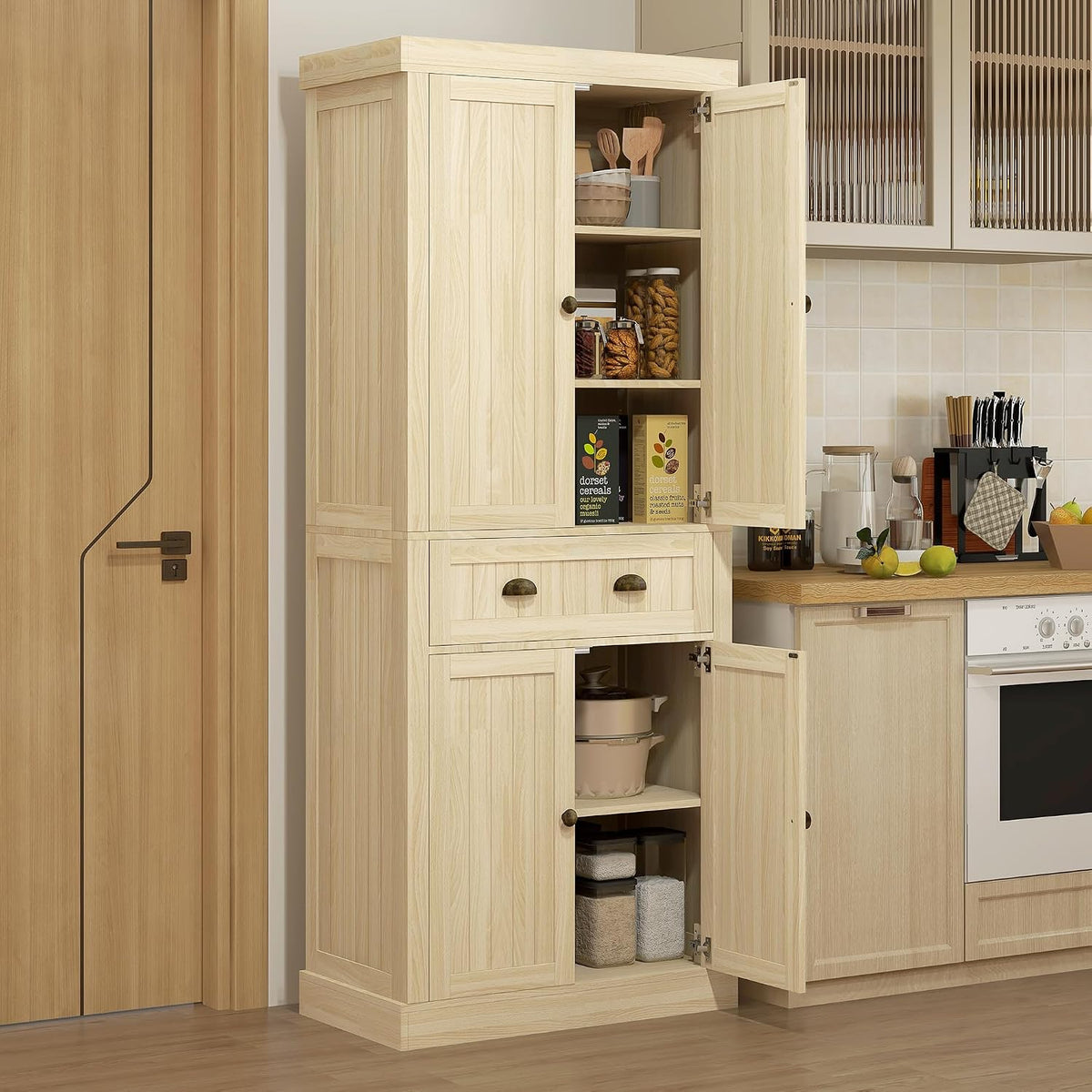 72" Farmhouse Kitchen Pantry Cabinet, Freestanding Tall Storage Cabinet with 4 Soft-Close Doors, 2 Adjustable Shelves and Drawer for Dining Room, Natural Wood