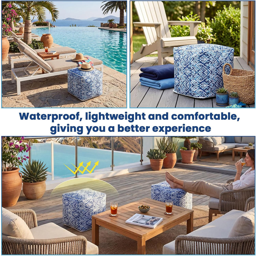Juexica 2 Pack Inflatable Outdoor Ottoman Pouf Waterproof Cube 16" Square Blow up Ottoman Footrest with Handle Outdoor Portable Footstool for Patio Garden Camping or Home Pool(Diamond Stripes,Blue)