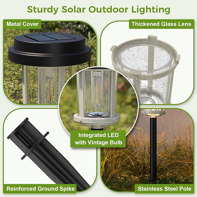 XMCOSY+ Solar Pathway Lights, 20 LM Bright Solar Light Outdoor, Waterproof Seed Glass & Metal Solar Powered Garden Lights, Outside Solar Lights for Yard Lawn Landscape Walkway(Black & Grey)