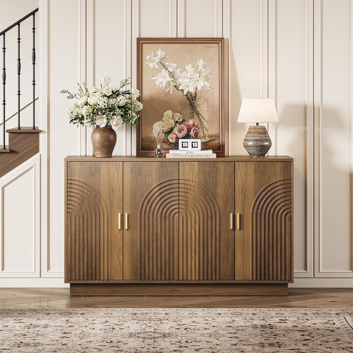 Fluted Sideboard Buffet Cabinet with Storage - 57" Credenza Coffee Bar Cabinet with 4 Doors, Accent Kitchen Storage Cabinets with Adjustable Shelves for Living Room & Kitchen, Entryway, Walnut