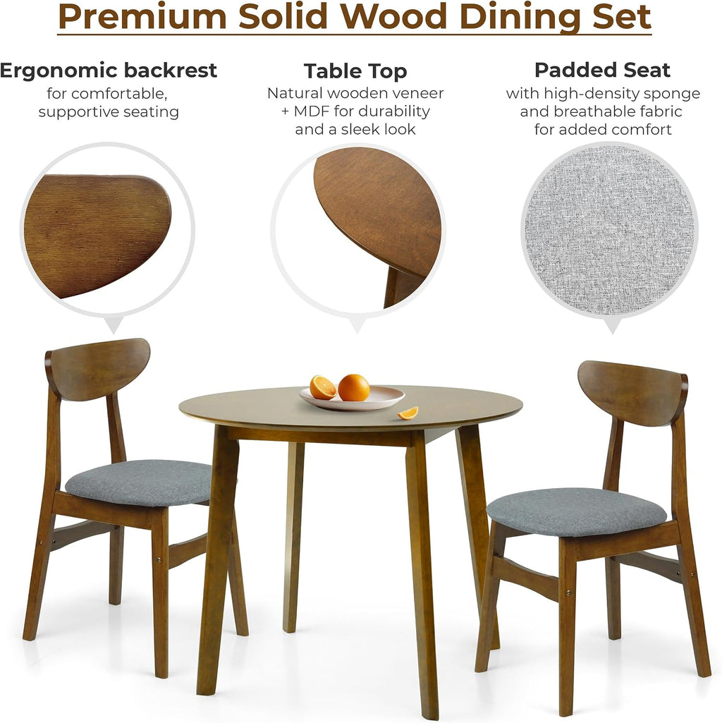 Set of 3 Dining Kitchen Round Table and 2 Yumiko Side Chairs Solid Wood w/Padded Seat Medium Brown