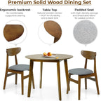 Set of 3 Dining Kitchen Round Table and 2 Yumiko Side Chairs Solid Wood w/Padded Seat Medium Brown