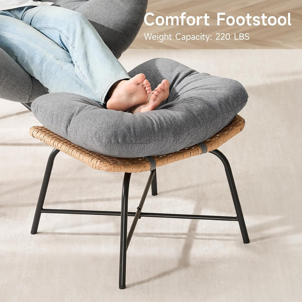 ONBRILL Papasan Rocking Chair with Ottoman,Oversized Papasan Chair with Padded Cushion, Indoor & Outdoor Rocker Chair for Living Room, Patio, Garden, Light Gray