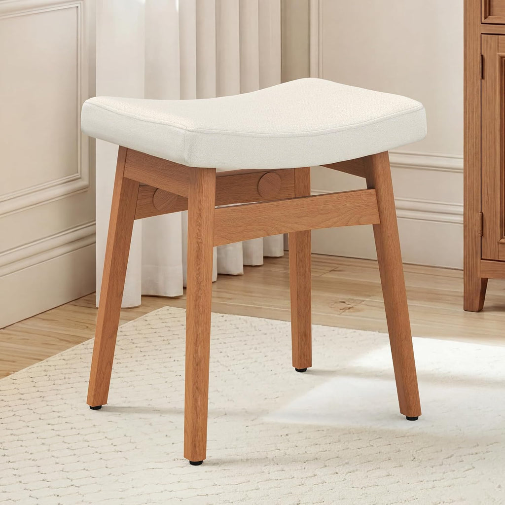 LUE BONA Vanity Saddle Stool with Wood Legs, 17.3" H Compact Makeup Stool with Sick Upholstery, Vanity Bench for Bedroom, Entryway & Bathroom, 300 lb Weight Capacity
