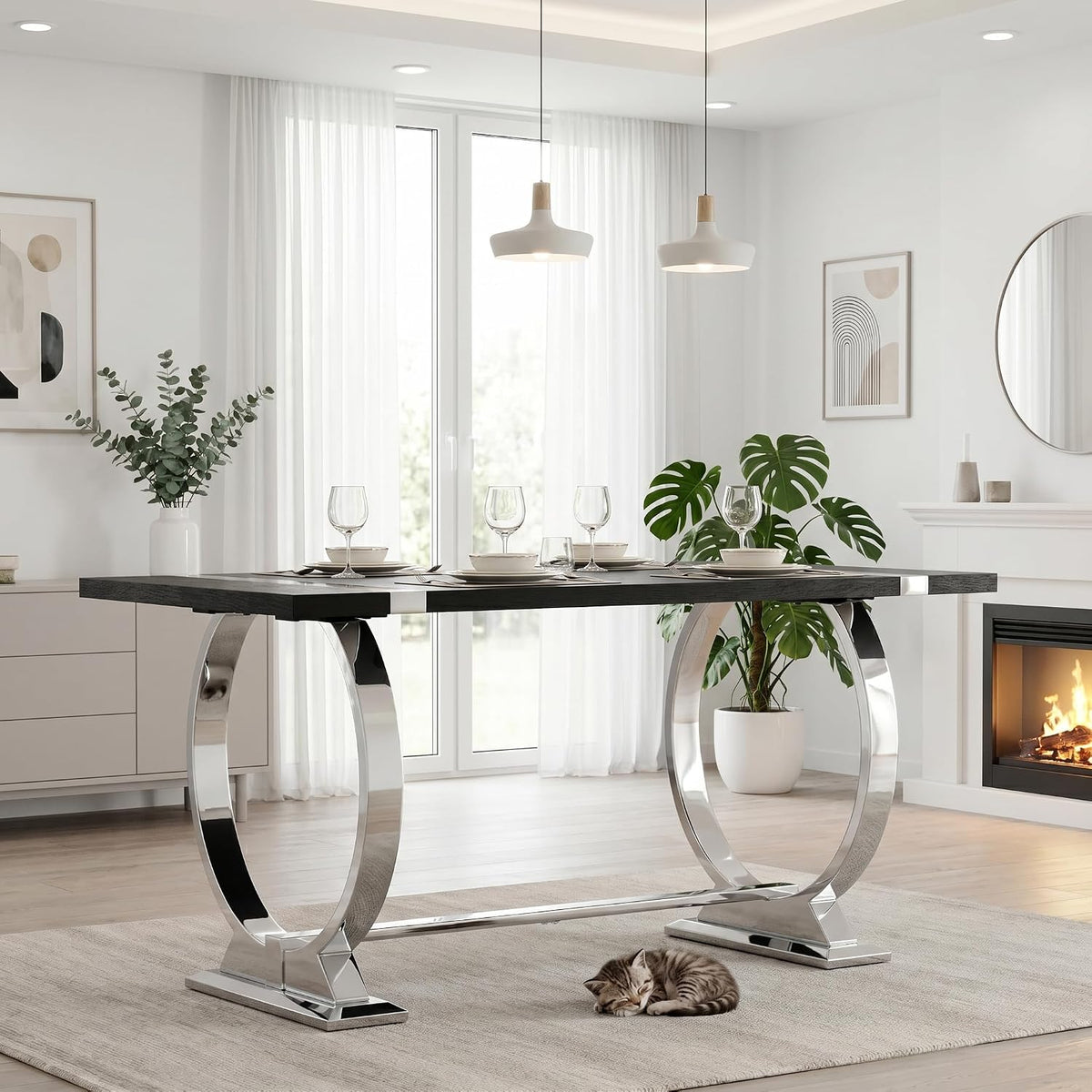 Asday Black Wood Dining Table for 4-6, 60 Inch Modern Luxury Kitchen Table with Silver Polished Stainless Steel Base, Farmhouse Rectangular Dining Room Table for Kitchen, Living Room, Apartment