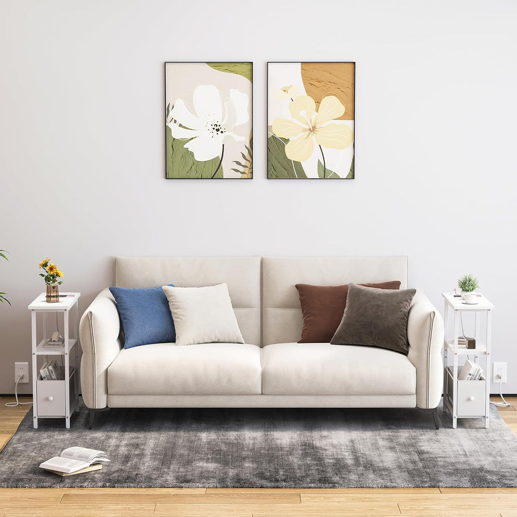 Narrow Side Table with Charging Station, Skinny End Table for Small Spaces, Thin Sofa Side Table with 1 Fabric Drawer, Slim Nightstand for Living Room, Bedroom, White