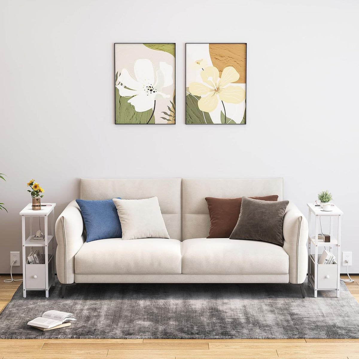 Narrow Side Table with Charging Station, Skinny End Table for Small Spaces, Thin Sofa Side Table with 1 Fabric Drawer, Slim Nightstand for Living Room, Bedroom, White