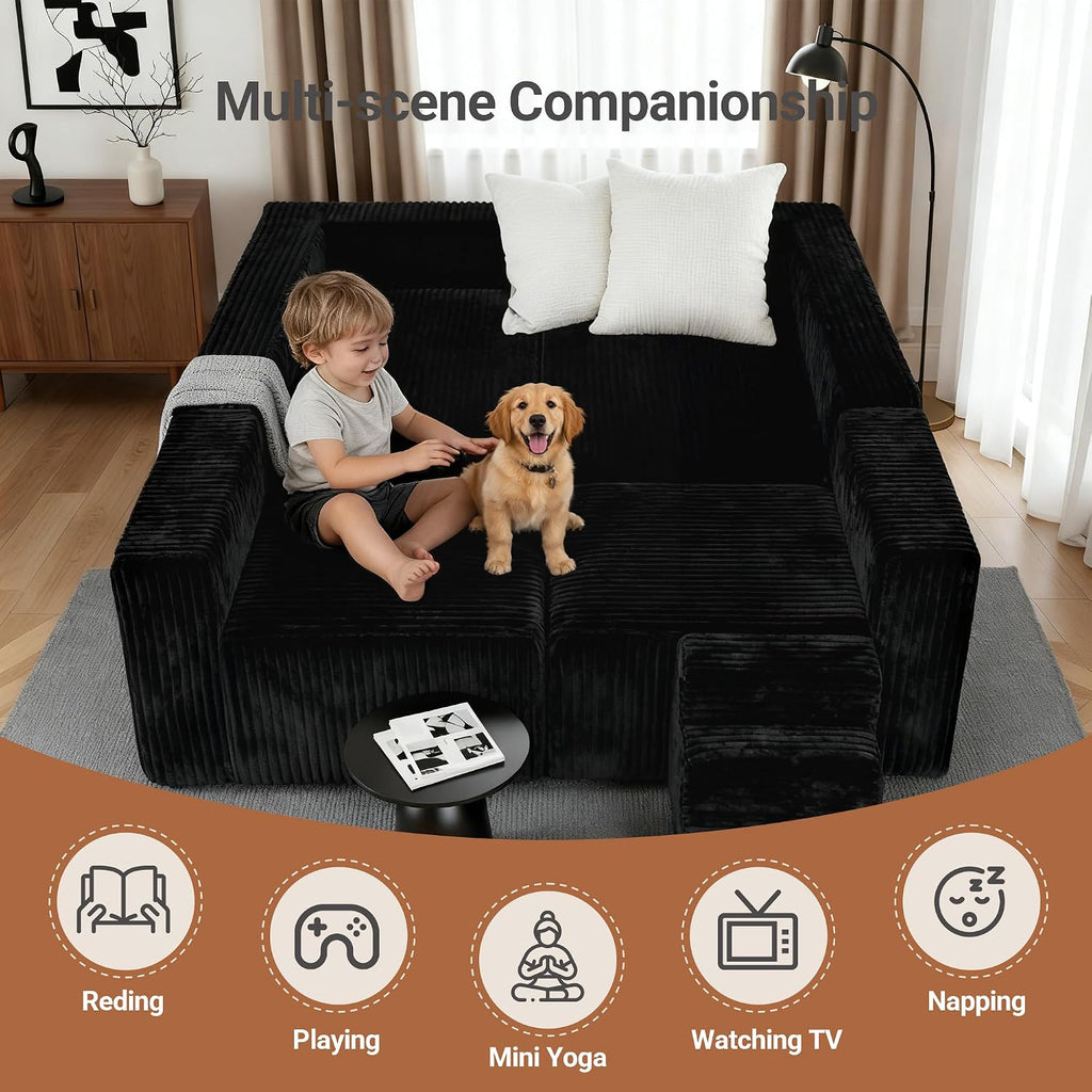 Claiks 128" U-Shaped Modular Sectional Sofa No Assembly Required, Oversized Cloud Couch with Double Chaise, Corduroy Fabric for Living Room & Apartment, Black