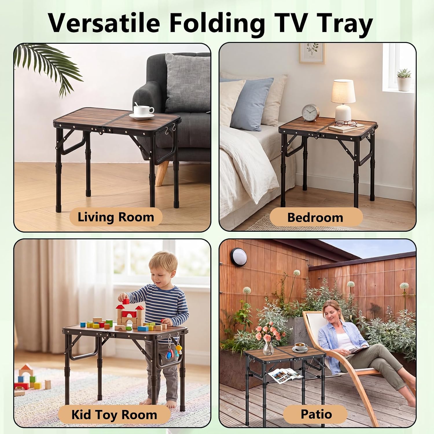 YihuiKo Folding TV Tray, Lightweight Portable Small Foldaing Table | Adjustable Height, End Side Table for Living Room Couch Bedroom, Indoor and Outdoor, Carry Handle, Storage Net