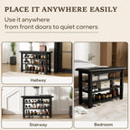 Shoe Rack Bench with Leather Cushion 3-Tier Shoe Rack Organizer for Entryway Hallway or Living Room Farmhouse Rustic Wooden Seat Bench Black 11.8" Dx31.5 Wx20.4 H