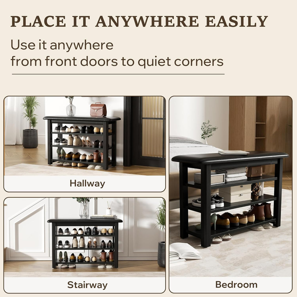 Shoe Rack Bench with Leather Cushion 3-Tier Shoe Rack Organizer for Entryway Hallway or Living Room Farmhouse Rustic Wooden Seat Bench Black 11.8" Dx31.5 Wx20.4 H