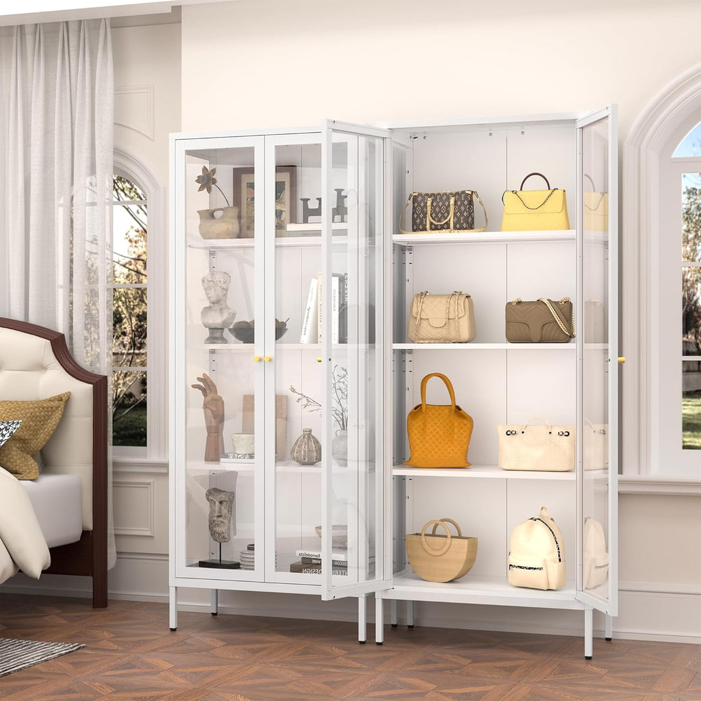 Polup Glass Display Cabinet with Glass Doors, White Curio Cabinet with 3 Side Tempered Glass, 66" Tall Bookcase Display Case for Collectibles, Metal Storage Cabinet for Living Room, Assemble Required