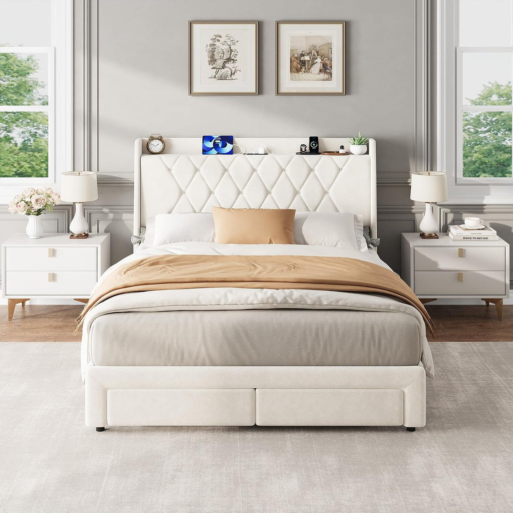 Garvee Full Size Bed Frame with Storage, Velvet Upholstered Platform Bed Frame with Crystal Tufted Headboard, Charging Station, 2 Drawers, No Box Spring Needed, Noise-Free,for Bedroom, Ivory