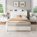 Garvee Full Size Bed Frame with Storage, Velvet Upholstered Platform Bed Frame with Crystal Tufted Headboard, Charging Station, 2 Drawers, No Box Spring Needed, Noise-Free,for Bedroom, Ivory