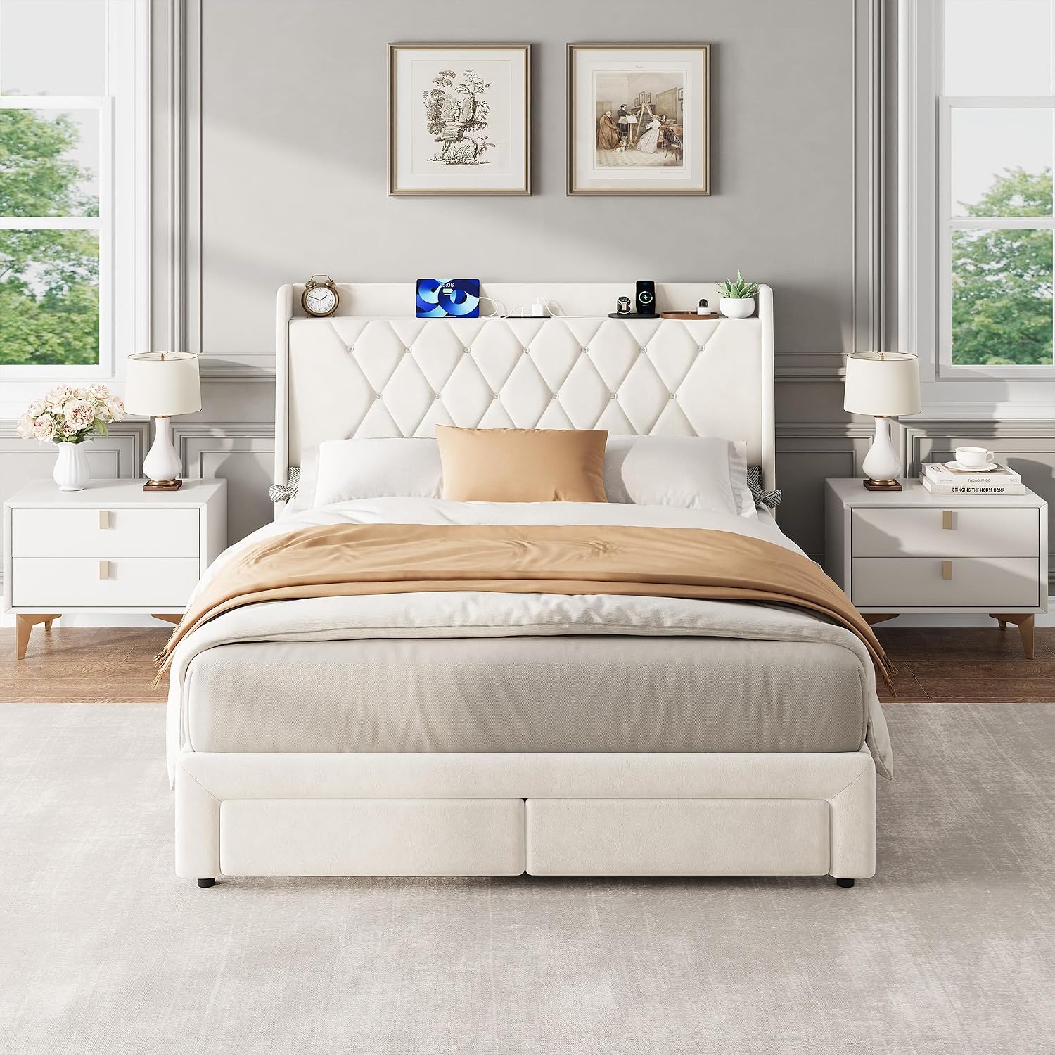 Garvee Full Size Bed Frame with Storage, Velvet Upholstered Platform Bed Frame with Crystal Tufted Headboard, Charging Station, 2 Drawers, No Box Spring Needed, Noise-Free,for Bedroom, Ivory