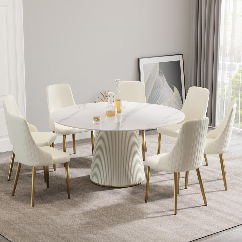 7-Piece Round Dining Table Set, 59" Faux Marble Kitchen Table Set for 6, Modern Dinner Room Table & Beige Wood Base for Kitchen, 6 PU Upholstered Chairs