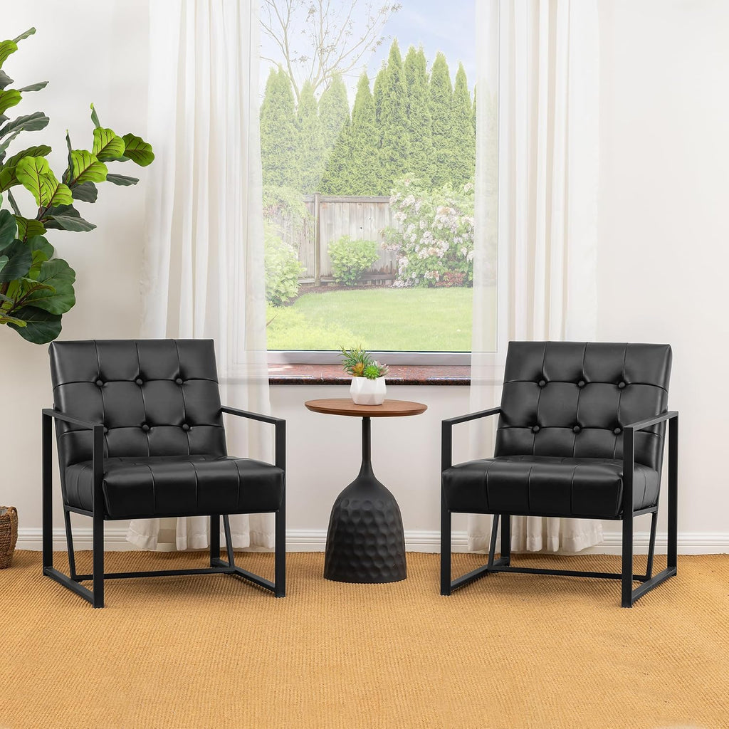 Glitzhome Mid Century Modern Accent Chair, Comfy Living Room Chair with Durable Metal Frame,PU Leather Cushioned, Reading Armchairs for Living Room, Bedroom, Home Office, Black