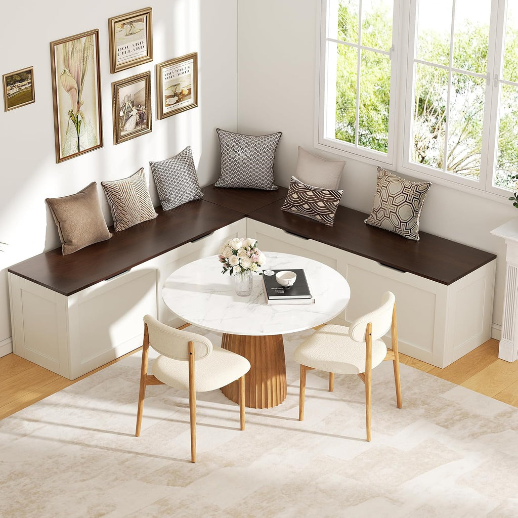 L Shaped Bench with Storage, 63" Breakfast Nook Benches, Kitchen Corner Dining Bench Seating for Entryway Dining Room, Kitchen, Walnut and White