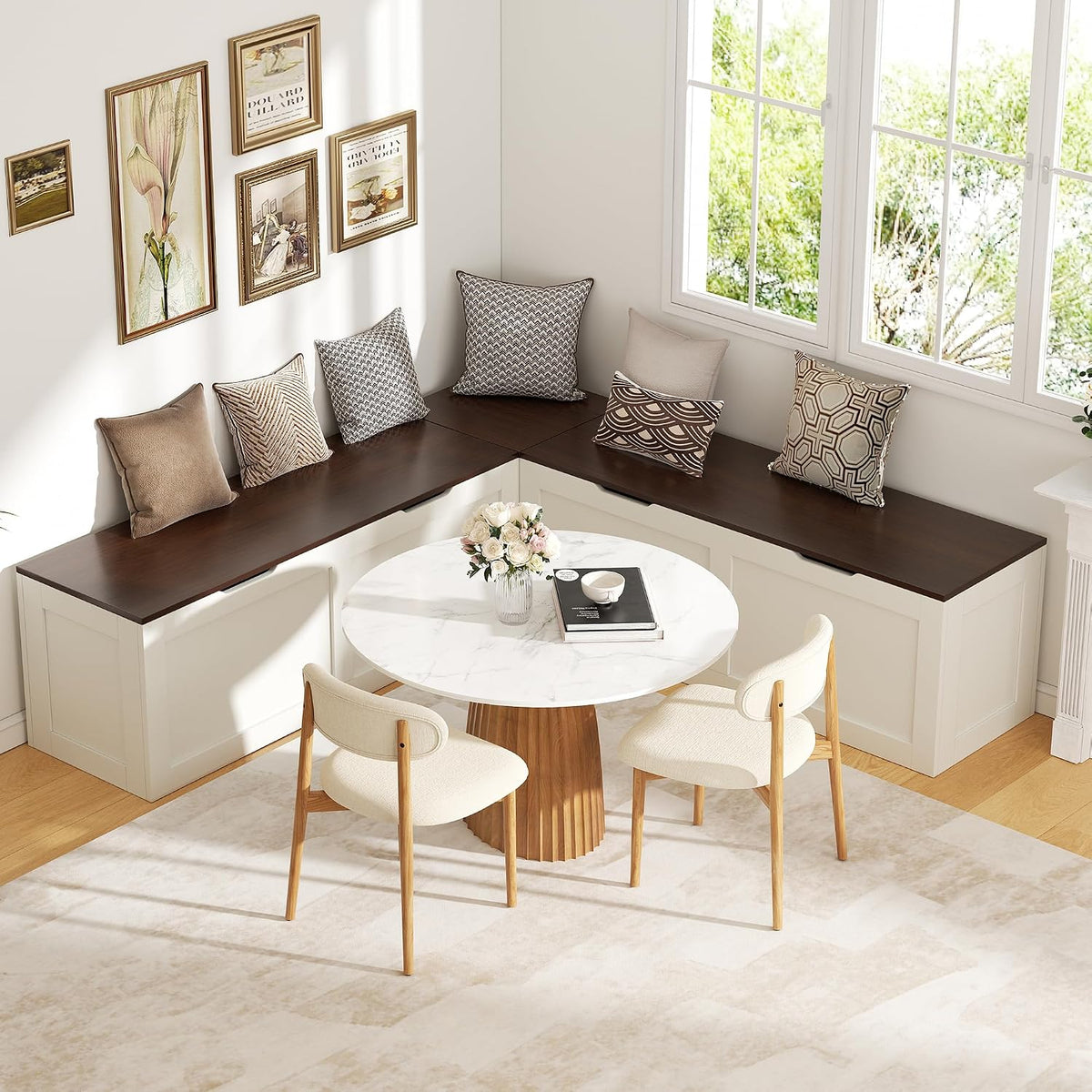 L Shaped Bench with Storage, 63" Breakfast Nook Benches, Kitchen Corner Dining Bench Seating for Entryway Dining Room, Kitchen, Walnut and White