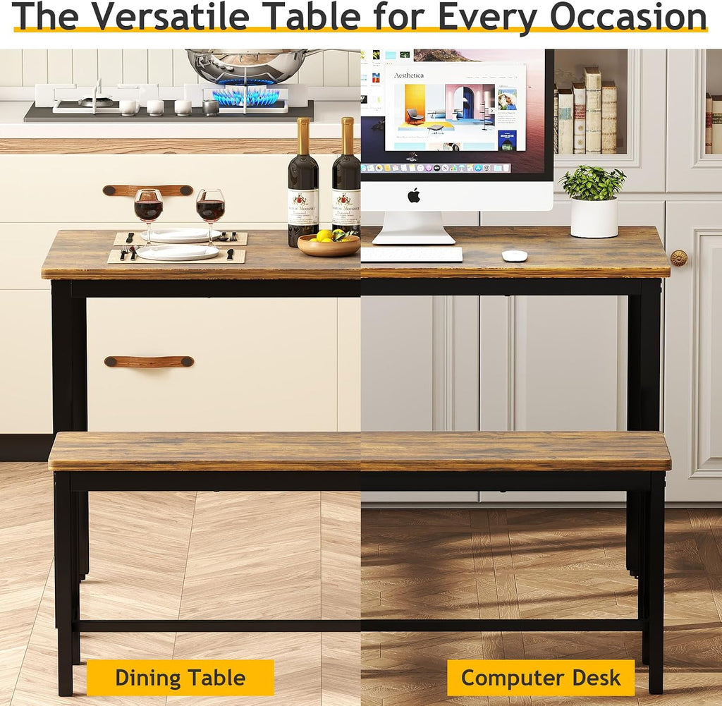 Rovibek 43" Dining Table Set for 4, Modern Space Saving Kitchen Breakfast Table with Benches & Adjustable Feet, Wooden Industrial Style Farmhouse, Wood Tone