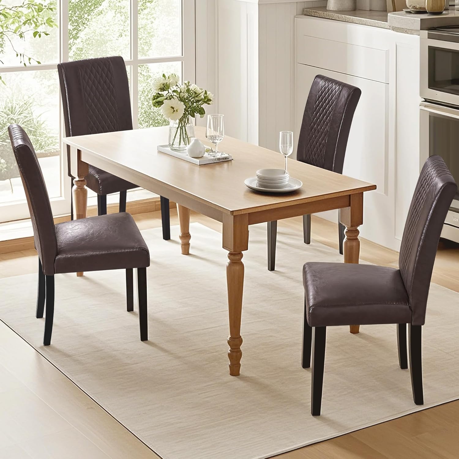 VECELO Dining Chairs Set of 2, Upholstered PU Leather Wood Legs High Back for Kitchen Living Room, Coffee