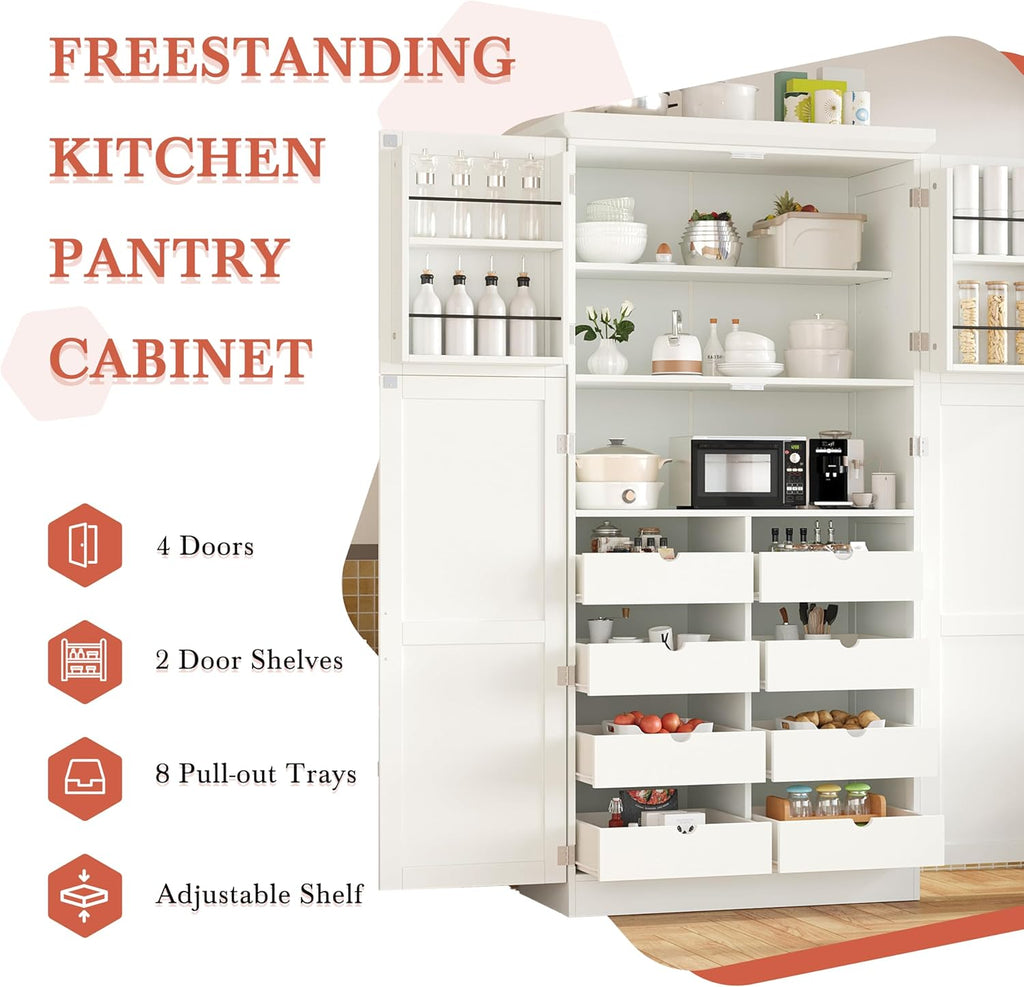 71" Kitchen Pantry Storage Cabinet, Freestanding Farmhouse Pantry Cabinet with 4 Doors, 2 Door Shelves, 8 Pull-Out Trays and Adjustable Shelf for Kitchen, Dining Room (White)