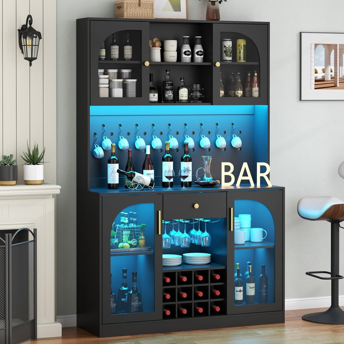 72'' Tall Kitchen Pantry Storage Cabinet with Led Light - Black Pantry Cabinet with Storage Drawers & Pegboard, Kitchen Hutches Cabinets with Wine Racks & Glass Door, Wine Bar Cabinet for Living Room