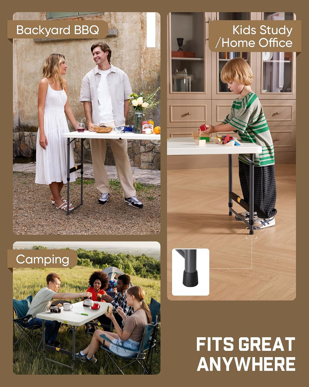 FanttikOutdoor Folding Table 4 Foot Quick Adjust Portable Plastic 4 Heights | Effortless Adjustable Height Small Card Table, Fixing Lock, Indoor Outdoor Use for Party Camping, 1 Pack White Zeta X4 Pro