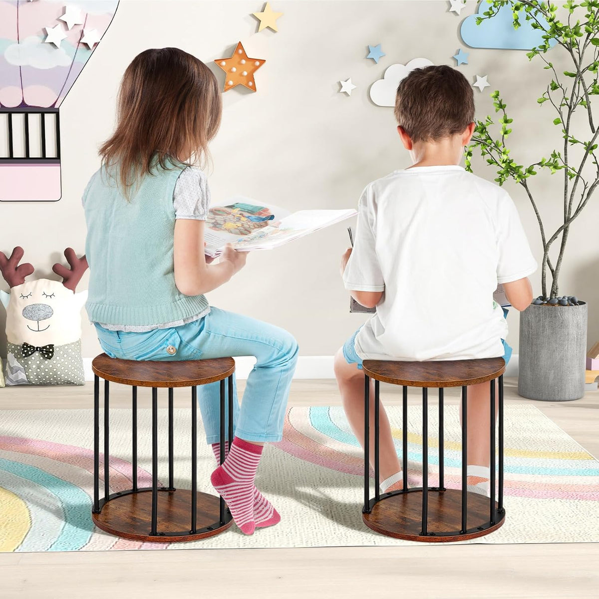 HDANI Wooden Stool Set of 2 for Kids, Adults - 300lbs Load Capacity Garden Round Wood Stool, Non-Slip Small Step for Plant Stand, Kitchen, Bathroom and Bedroom, Brown