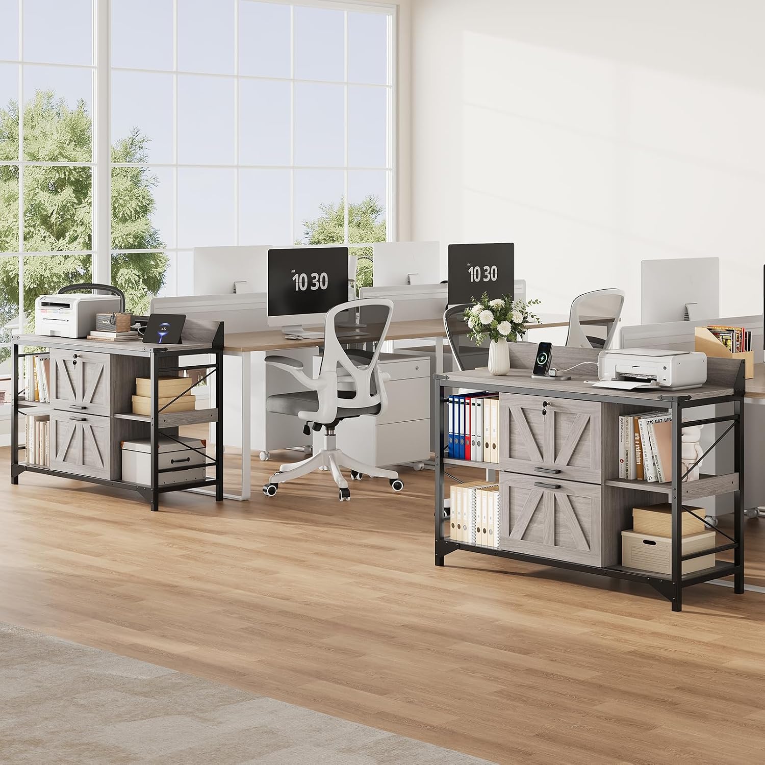 44" File Cabinet, Lateral Filing Cabinet for Home Office with 2 Drawers, Office Storage Cabinet with Lock and Key, Wooden Printer Stand with 4 Storage Shelves and Power Outlets, Office Furniture, Grey