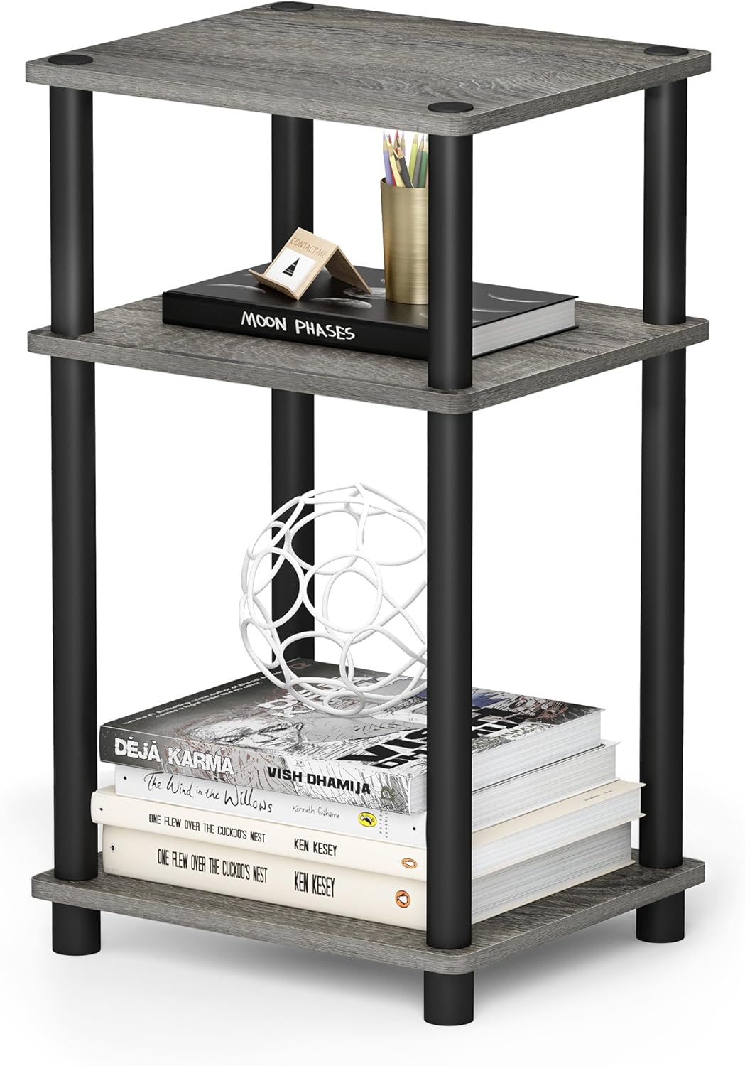 Furinno JUST Side Table, 3-Tier End Table, Open Shelves Night Stand, Bedside Table, Toolless Assembly, for Living Room, Bedroom, Bathroom, French Oak