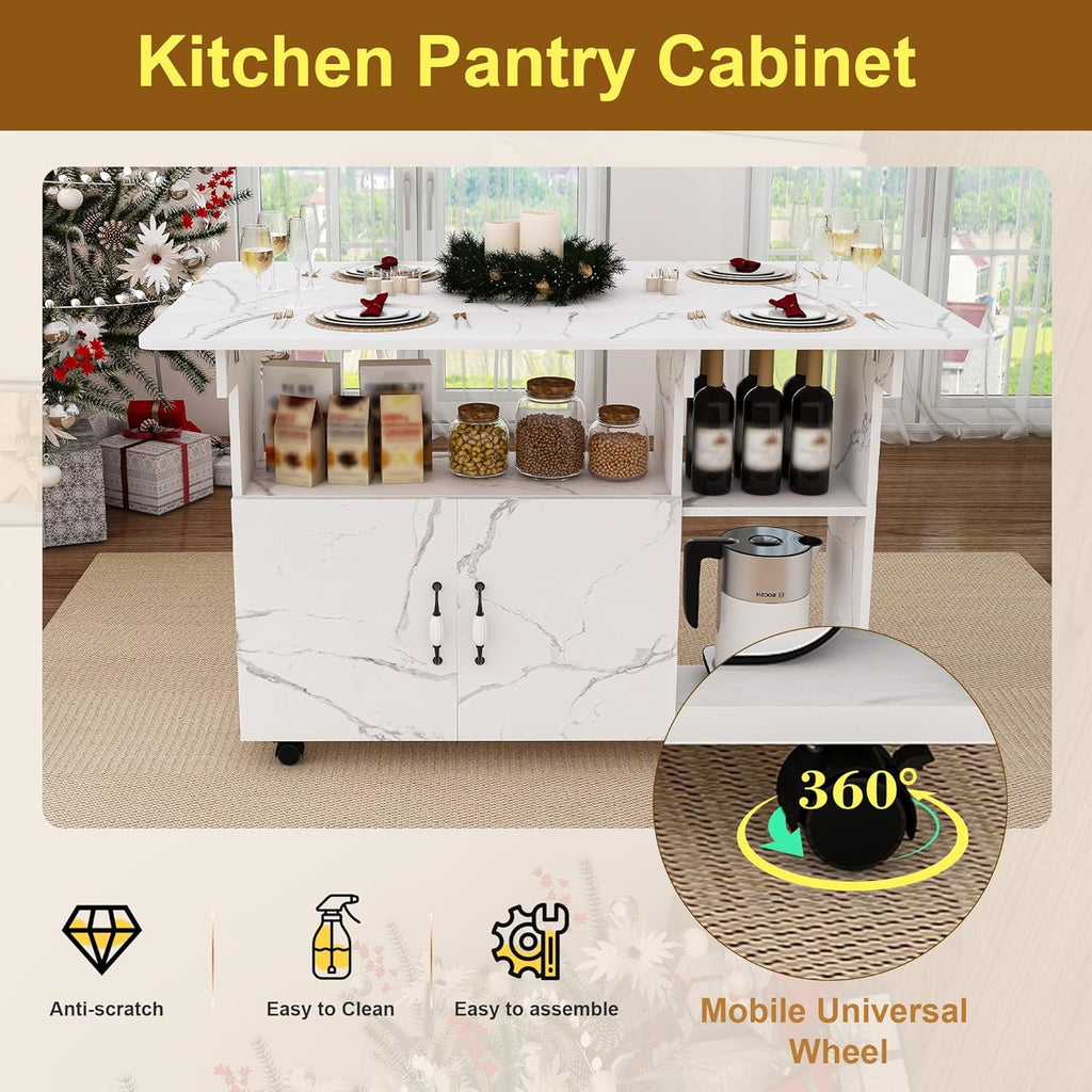 Multi-Functional Folding Dining Table Kitchen Island with Storage Shelves and Wheels, Space Saving Dining Tables Compact Desk for Dining Room, Kitchen, Dorm, Office (White)