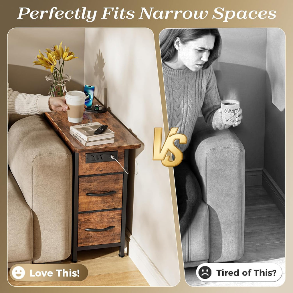 Huuger Narrow End Table with Charging Station, Side Table with 2 Drawers