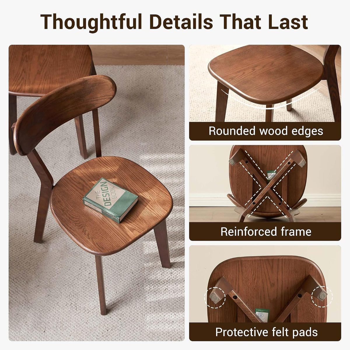 YESWOOD Oak Dining Chairs Set of 4, 100% Solid Wood Kitchen Chairs with Curved Backrest, Mid Century Modern & Farmhouse Side Chairs for Dining Room, Living Room, Study, Walnut