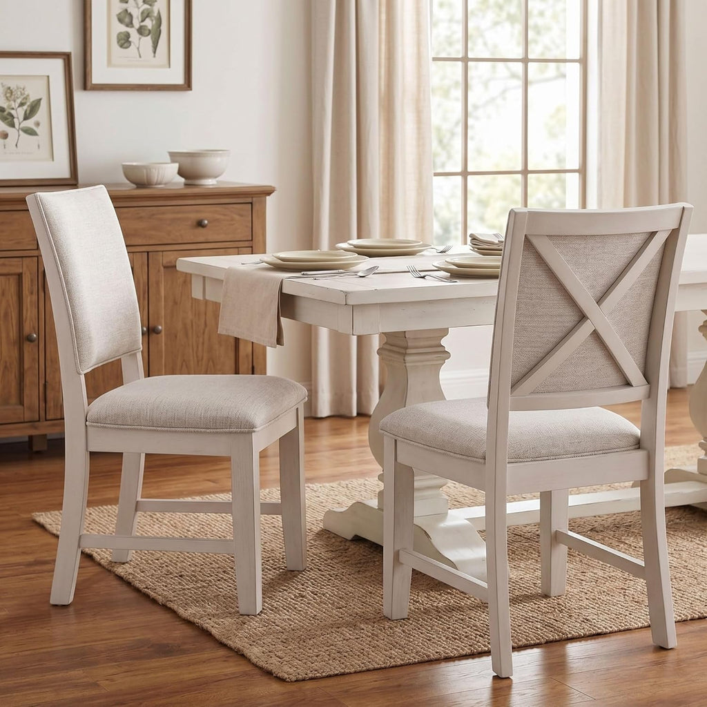Farmhouse Dining Chairs Set of 4 Upholstered Kitchen Chairs with Cross Back Armless Wooden Side Chairs for Dining Room, Living Room, Reception (Grey Linen + White Frame)