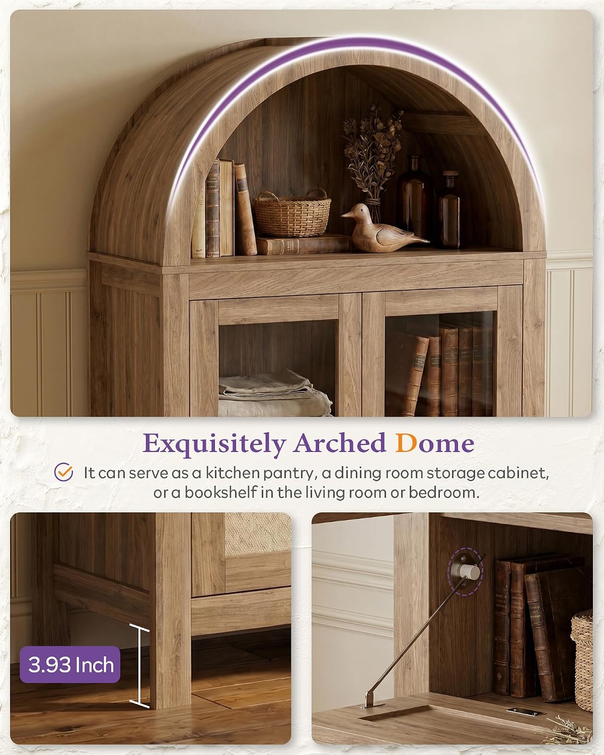 TYBOATLE 71'' Arched Pantry Cabinet with Glass Door for Kitchen Dining Room | Arch Storage Cabinet, Versatile Cupboard with Innovative Drawer and Anti-Tip Device, Kitchen Dining, Natural