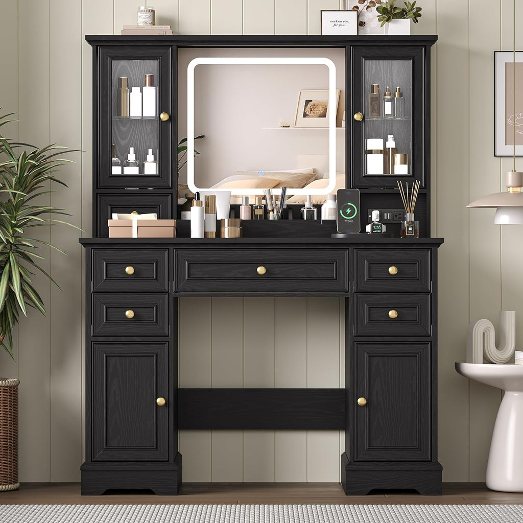 HUANLEGO Farmhouse Makeup Vanity Desk with Mirror and LED Lights, Black | Vanity Mirror with Lights Desk for Women, Makeup Table Set with RGB Cabinet and 6 Drawers, Charging Station, 3 Light Modes