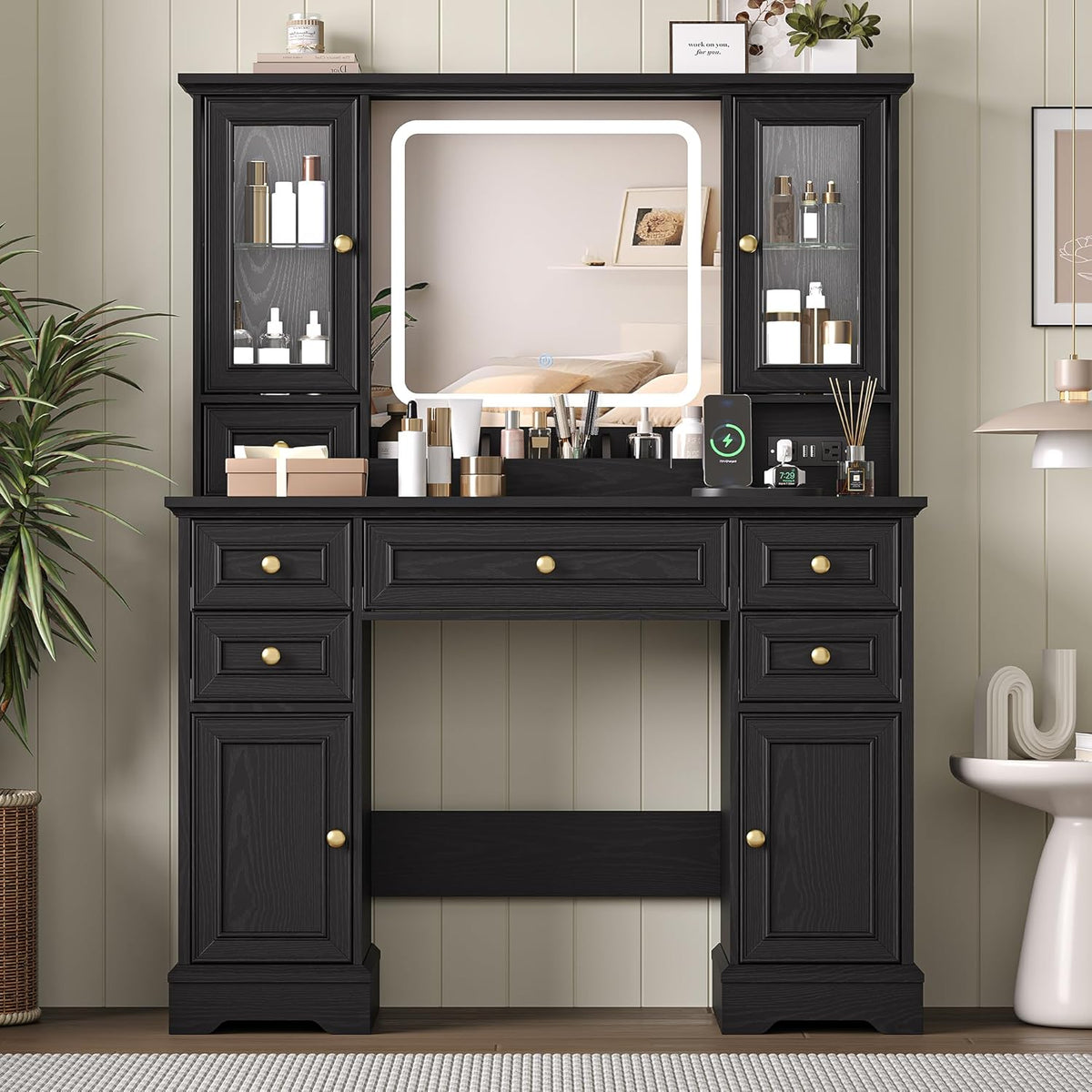 HUANLEGO Farmhouse Makeup Vanity Desk with Mirror and LED Lights, Black | Vanity Mirror with Lights Desk for Women, Makeup Table Set with RGB Cabinet and 6 Drawers, Charging Station, 3 Light Modes