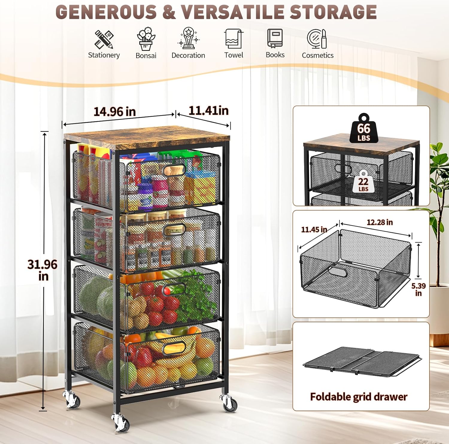 SUNALLY Rolling Kitchen Cart with Drawers, 4-Tier Utility Cart Fruit Vegetable Storage Cart with Lockable Wheels, Wooden Top Metal Kitchen Storage Organizer for Cans, Snacks, Beauty, Craft, Art, Black