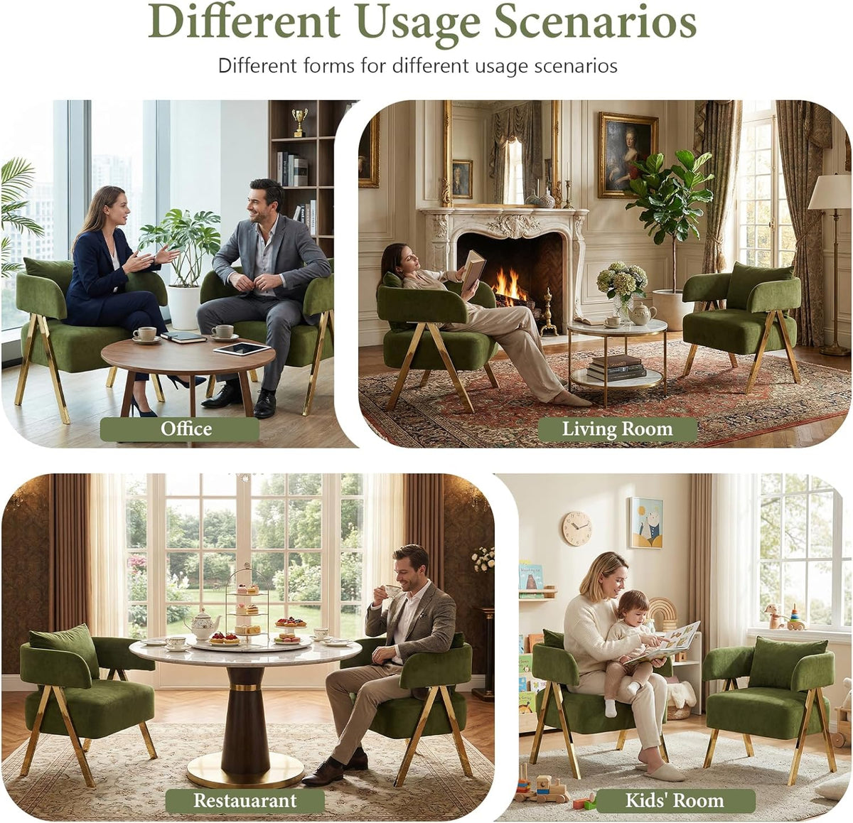 STHOUYN Modern Dining Chairs Set of 4, Upholstered Velvet Dining Room Chairs, Barrel Chairs for Kitchen with Golden Metal Legs, Curved Backrest (Green, 4 PCS)