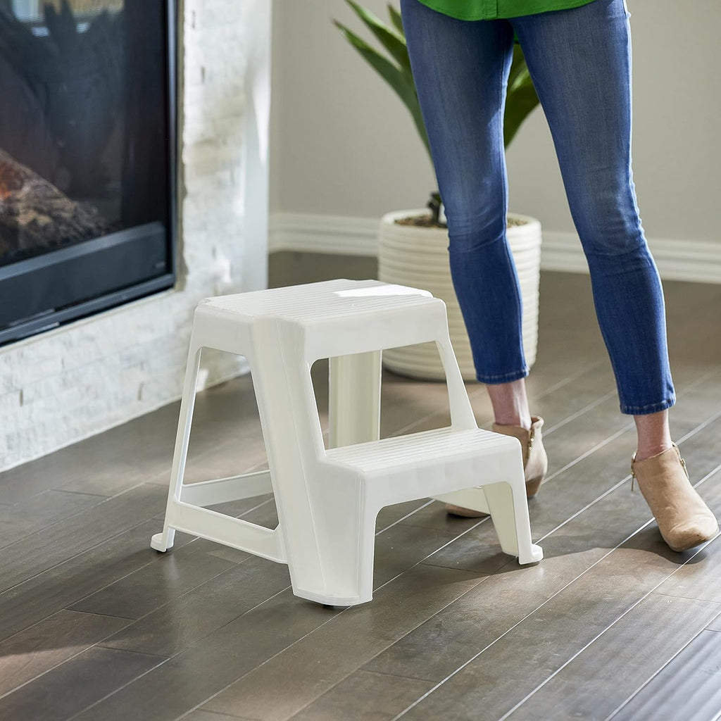Gracious Living 2-Step Plastic Stool, 300 Lb Capacity, White | Portable Step Stool for Dorm, Home, Classroom & Office, 18"L x 18.75"W x 16"H