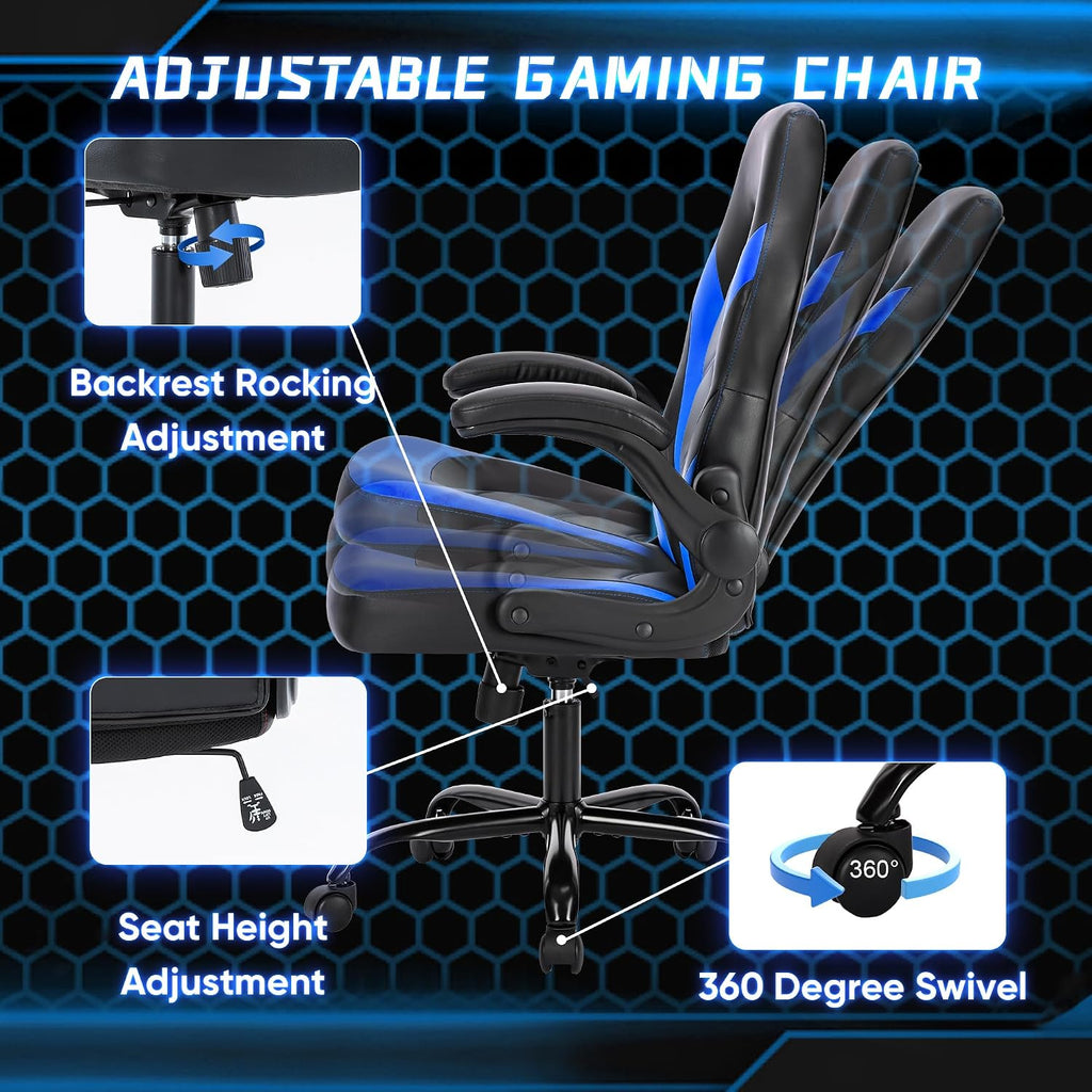 OLIXIS Computer Gaming Chair, Lumbar Support, PU Leather | 360° Swivel Wheels, Height Adjustable, Flip-up Armrest, Ergonomic Home Office Desk, Video Racing, Black and Blue